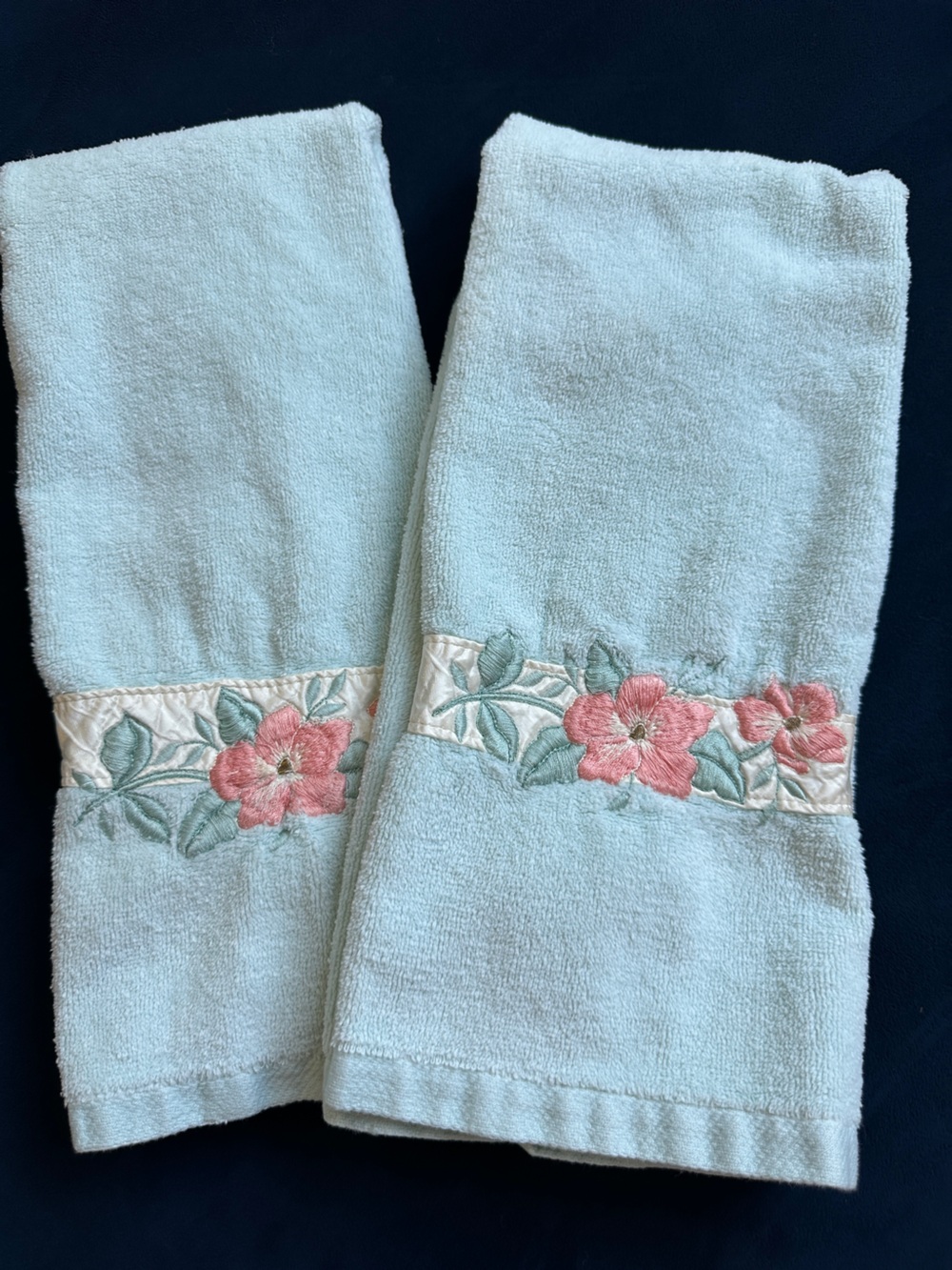 Vintage water works light blue hand towels with satin coral pink flower border